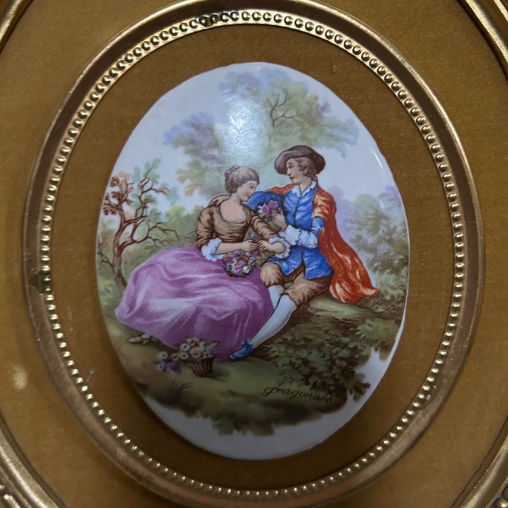 Fragonard Style Framed Porcelain‎ Plaque Romantic Scene Oval Gold Wall Decor